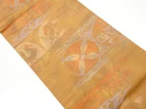 引箔横段に丸文・花鳥模様開き名古屋帯（額縁仕立て）